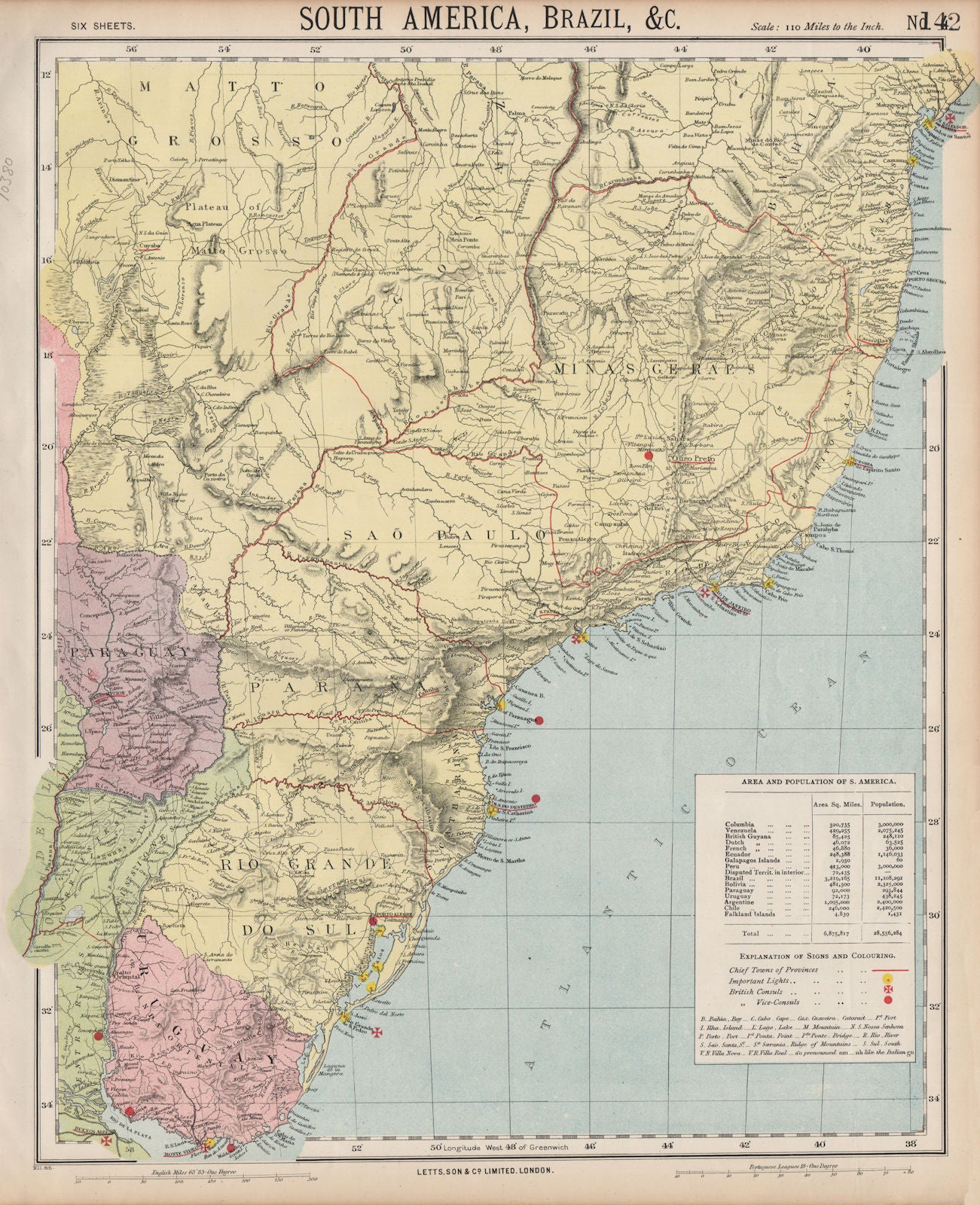SOUTH BRAZIL URUGUAY. Lighthouses. Bahia Minas Gerais Sao Paolo. LETTS 1889 map